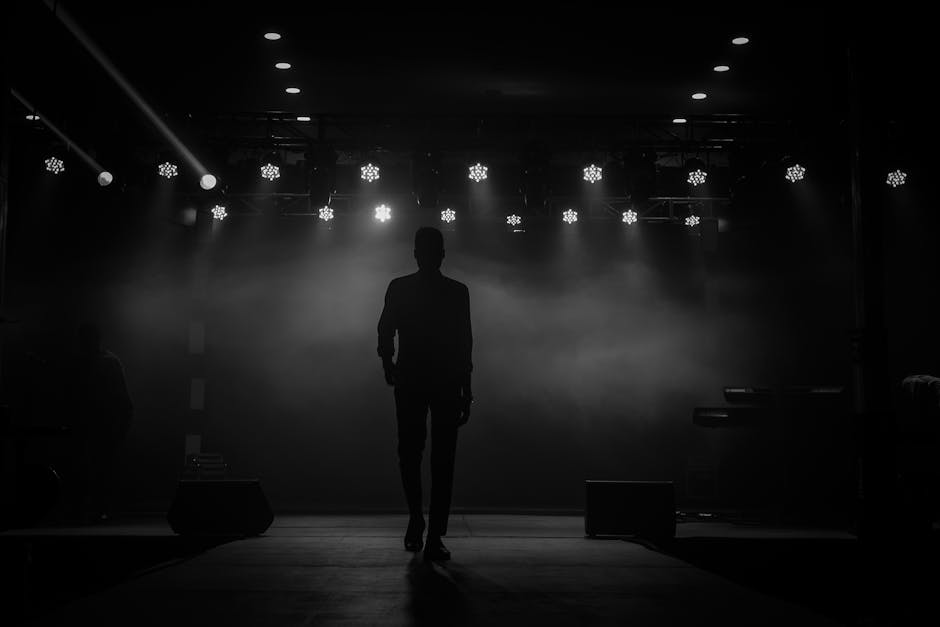 Performer silhouette on stage under dramatic lights