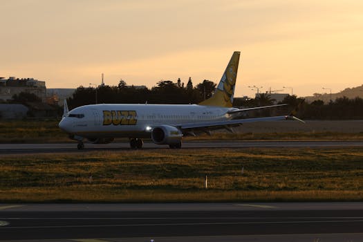 Buzz airline plane taxiing on a runway during sunset with cityscape background.