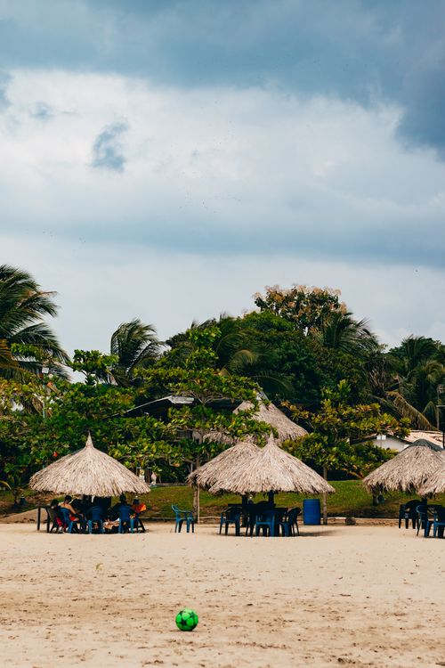 Free A scenic beach view with thatched palapas, tropical foliage, and a green soccer ball on the sand. Stock Photo