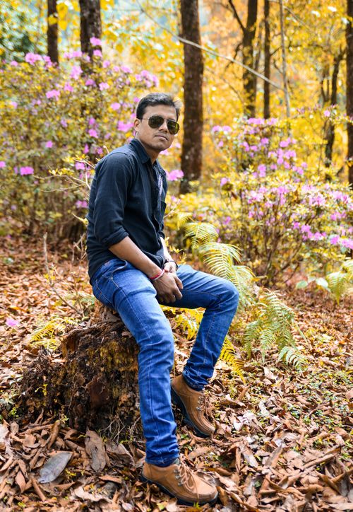 Free Casual portrait of a young man sitting on a tree stump in a vibrant autumn forest. Stock Photo