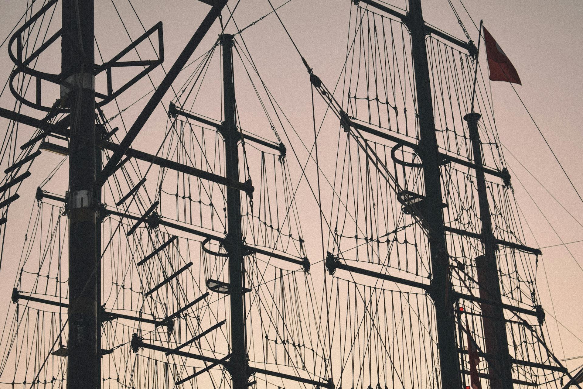 Silhouette of tall ship masts and rigging against a sunset sky, creating a nautical scene.