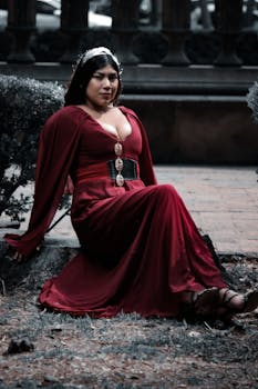 Elegantly dressed woman in red gown poses regally in a picturesque garden in Mexico City.