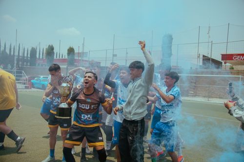 Free Youth soccer team jubilantly celebrates their championship victory with trophy and colored smoke. Stock Photo