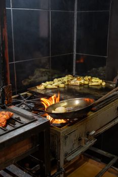 A sizzling stovetop in a Guanajuato kitchen, showcasing traditional Mexican cooking with fresh ingredients.