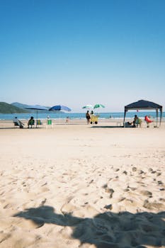 People enjoying a sunny day at the sandy beach under colorful umbrellas by the ocean.