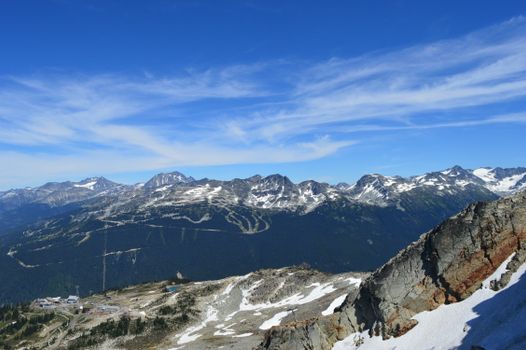 Scenic view of snow-capped mountains and ski resort in Whistler, British Columbia, Canada.