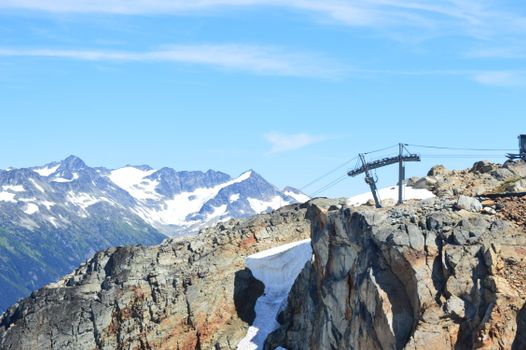 Breathtaking view of mountains and cable car in Whistler, British Columbia, Canada.