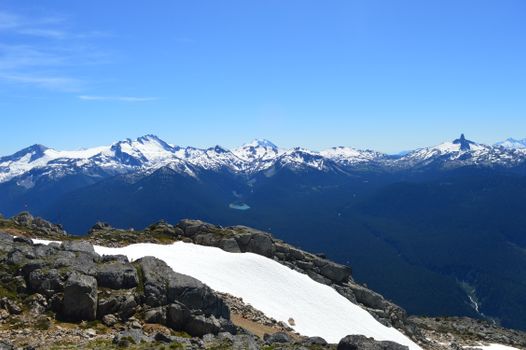 Breathtaking view of snowy peaks in Whistler, BC, under a clear blue sky.