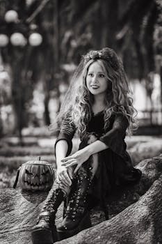 Black and white portrait of a woman in gothic attire with Halloween pumpkin bag.