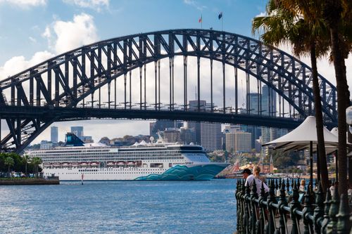 Free A bustling view of a cruise ship passing under the iconic Sydney Harbour Bridge in Australia. Stock Photo