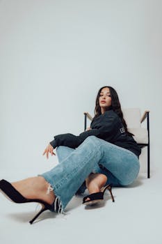 Stylish fashion portrait of a model seated in a studio. Captured in İstanbul, Türkiye.