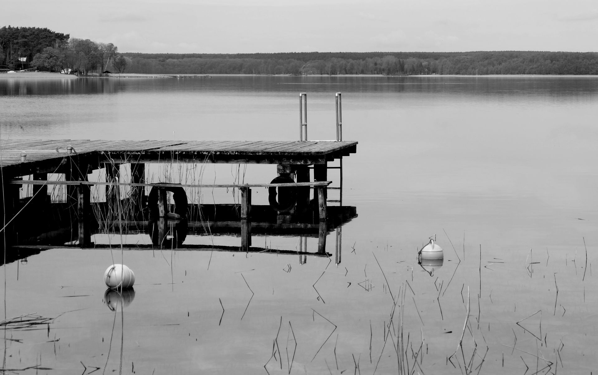 A serene black and white photograph of a lakeside pier reflecting calm waters.