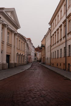 Explore a serene cobblestone street flanked by historic buildings in a European old town.