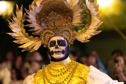 Free Stunning Day of the Dead costume at a colorful parade in Merida, Yucatan, Mexico. Stock Photo