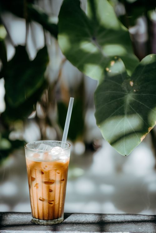 Free Iced coffee with milk and straw set against lush green leaves in natural daylight. Stock Photo