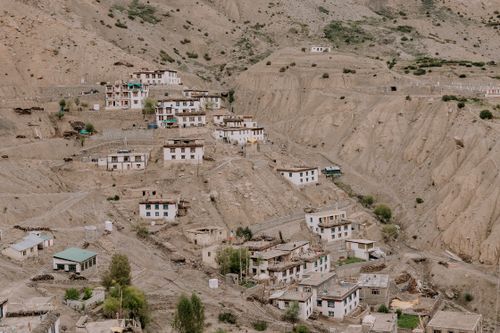 Free A breathtaking aerial view of Marango Rangarik village nestled within the rugged terrains of Himachal Pradesh. Stock Photo