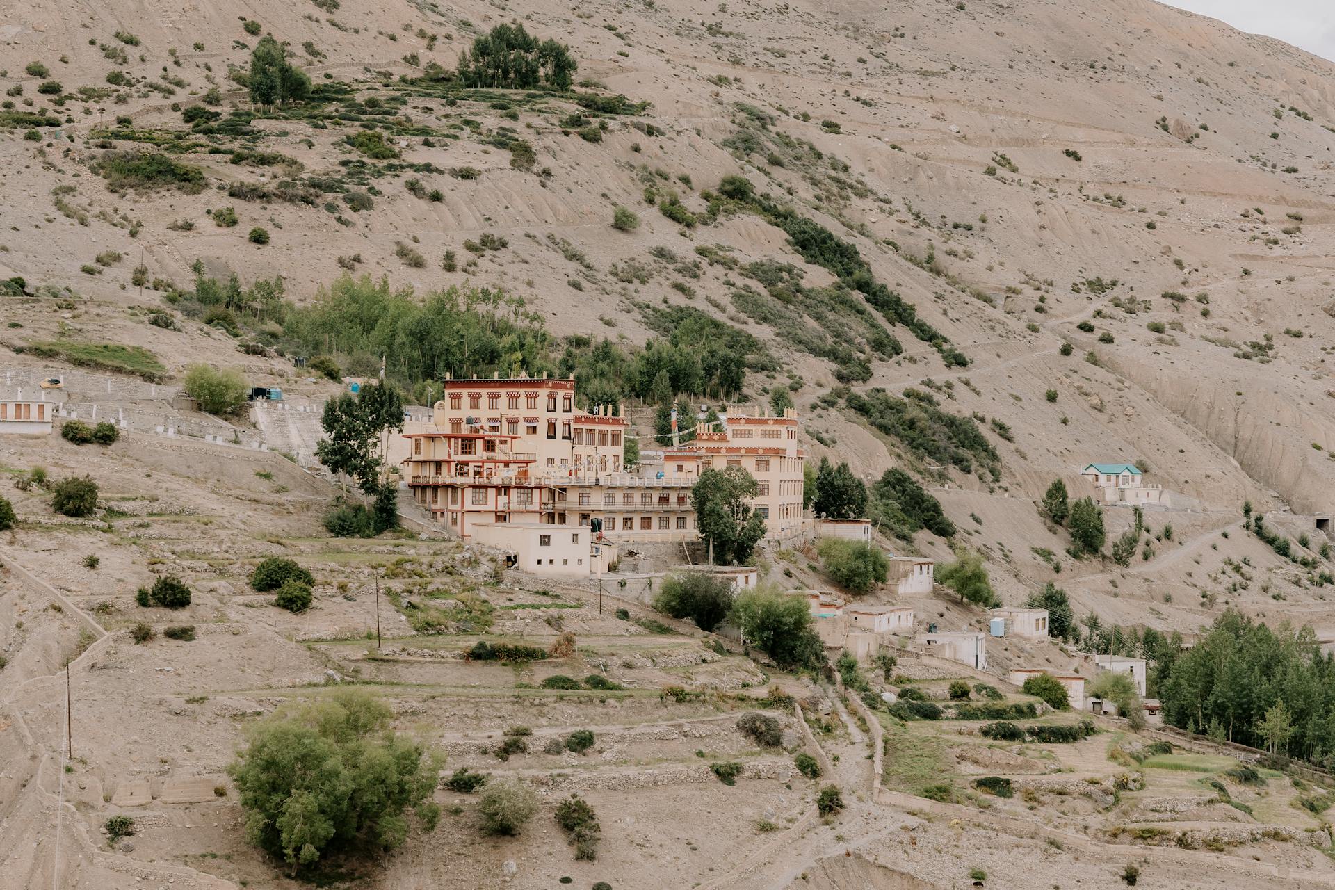 Aerial view of Marango Rangarik village nestled in the Indian Himalayas, Himachal Pradesh.