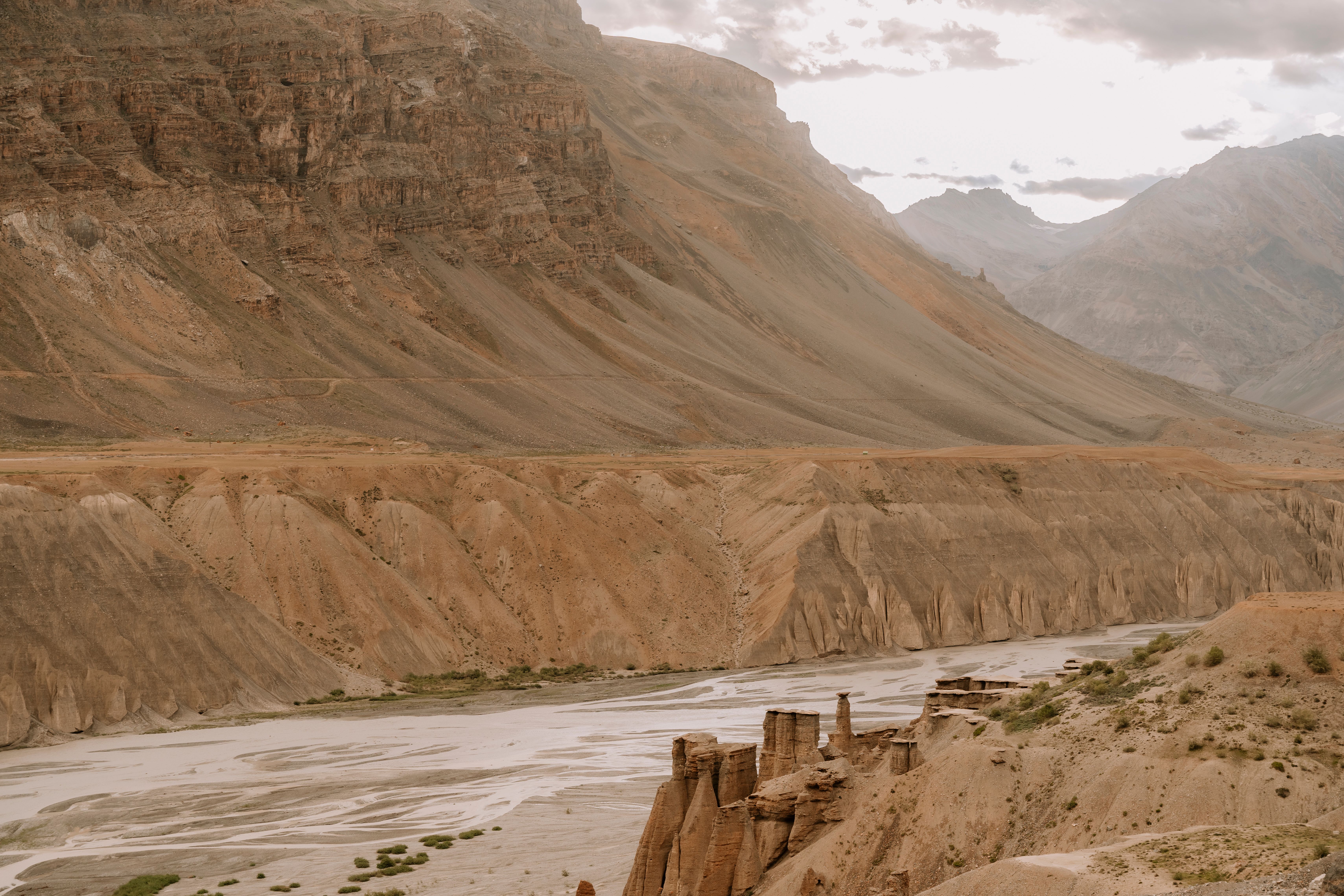 Stunning aerial view of Marango Rangarik and Spiti Valley mountains in Himachal Pradesh, India.