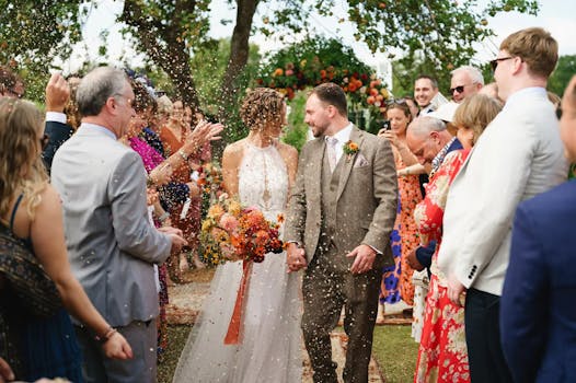 Couple celebrates outdoor wedding in England with family and friends.