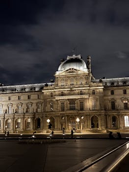 The Louvre Museum in Paris beautifully lit at night, showcasing iconic French architecture.
