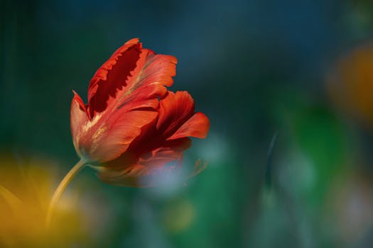 Capture of a bicolor tulip in a sunny meadow, showcasing nature's beauty.