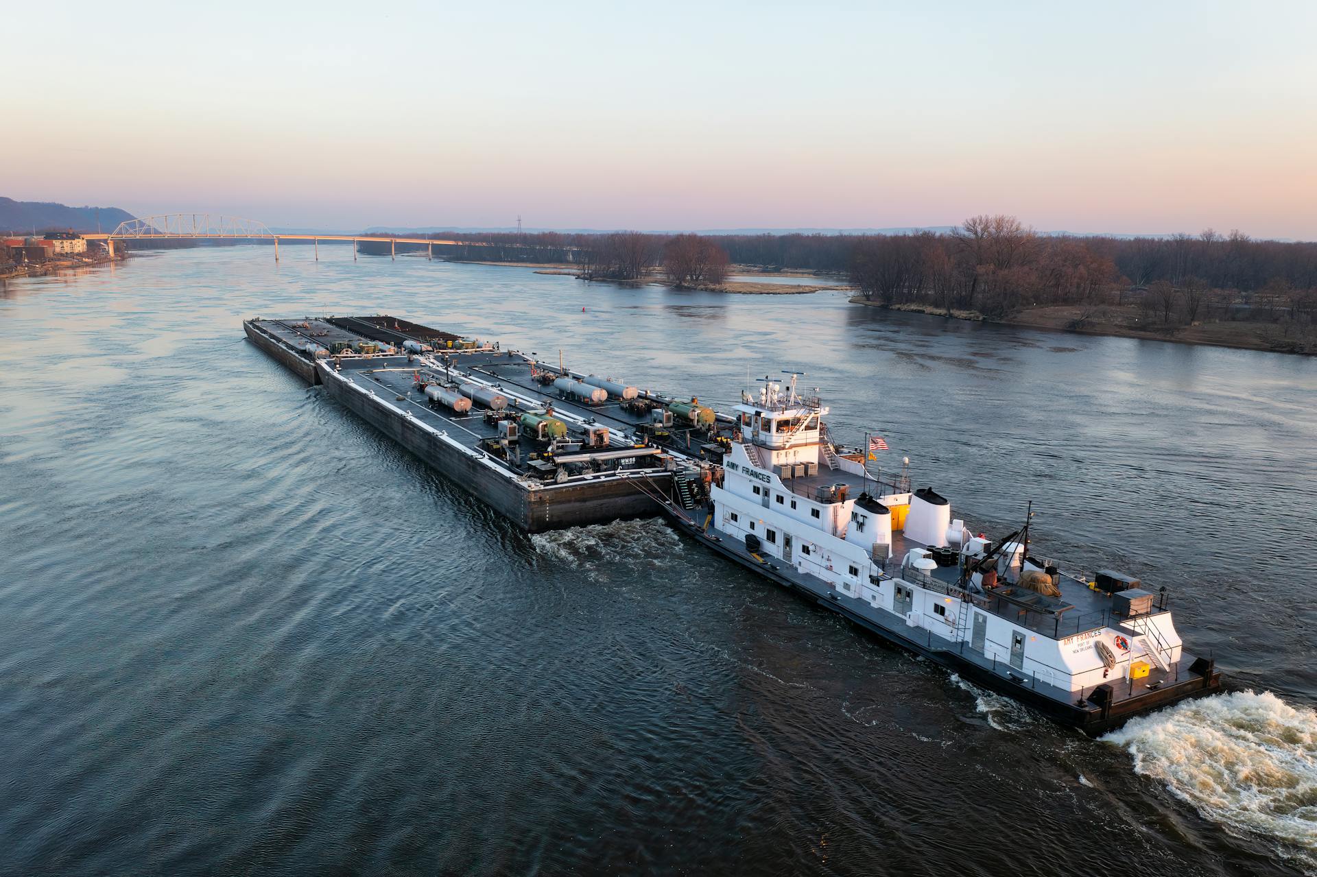 A cargo barge travels down the Mississippi River near Wabasha, Minnesota.