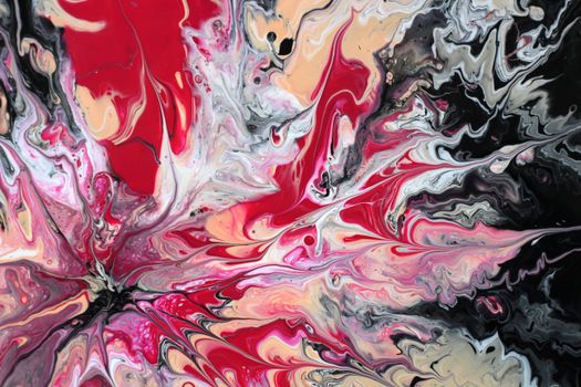 Dynamic fluid art piece with bold red and black swirls and vibrant patterns.