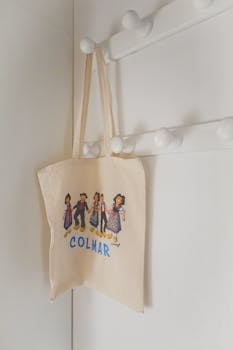 Neutral cotton tote bag with Colmar print hanging on a white wall hook.