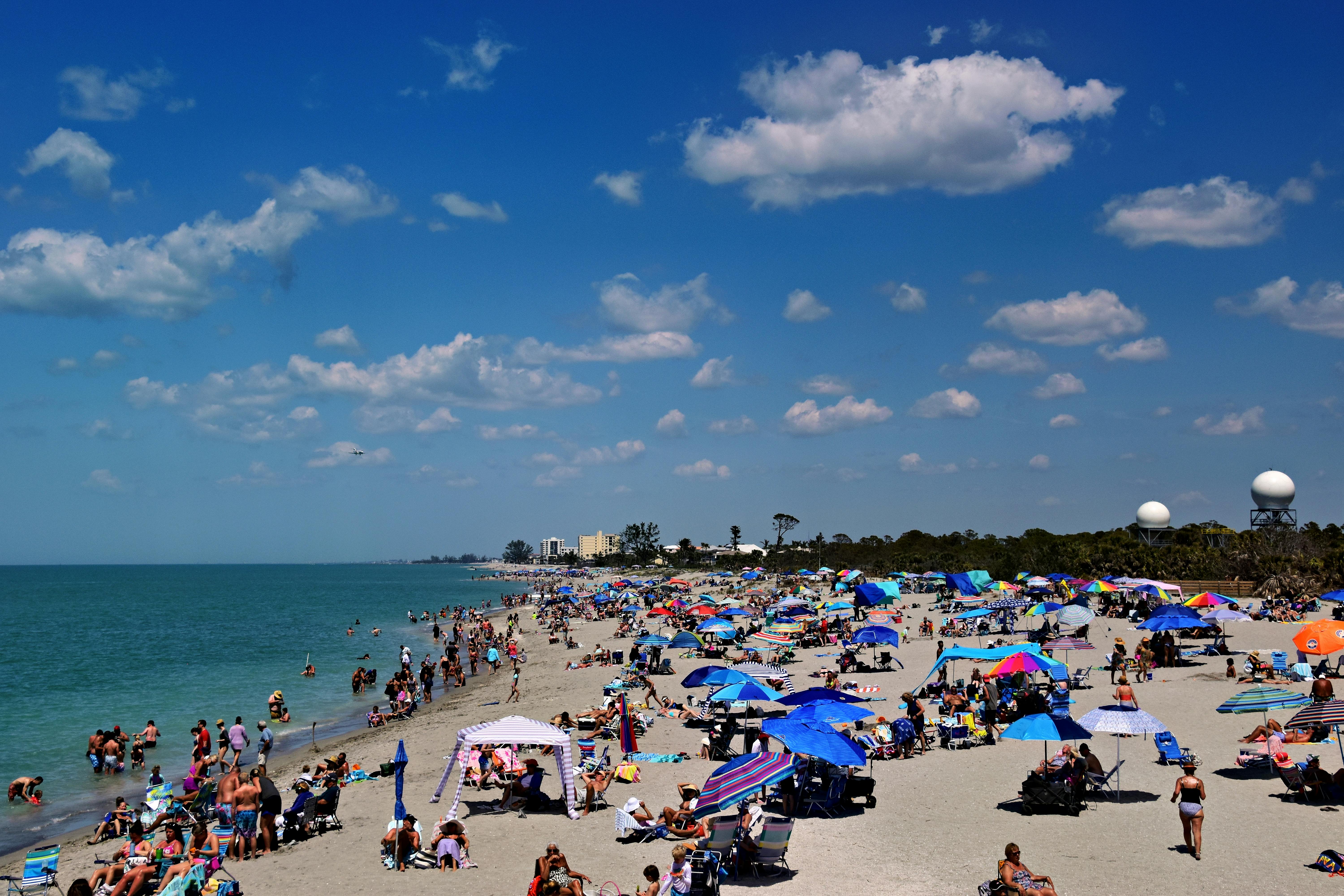 People enjoying a sunny day at a crowded beach in Venice, Florida, under colorful umbrellas.