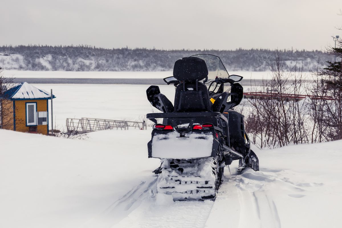 Aerial view of a dense pine forest through mist in northern Sweden — the vast terrain that a snowmobile safari covers in a morning