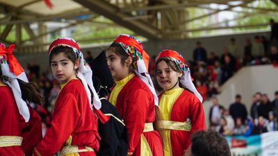 Children in traditional costumes perform at a festival