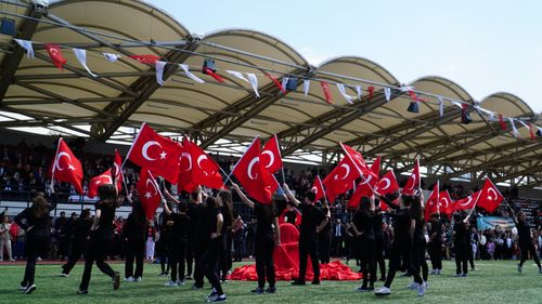 Free A vibrant celebration of National Sovereignty and Children's Day with Turkish flags in Istanbul, Turkey. Stock Photo