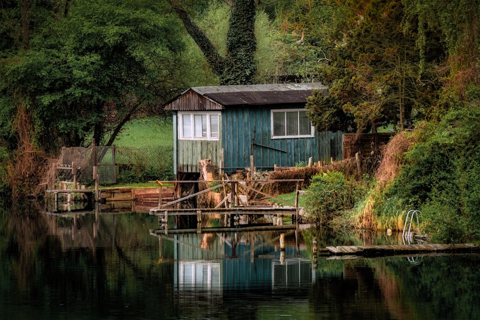 Деревянная избушка у спокойного озера в лесу