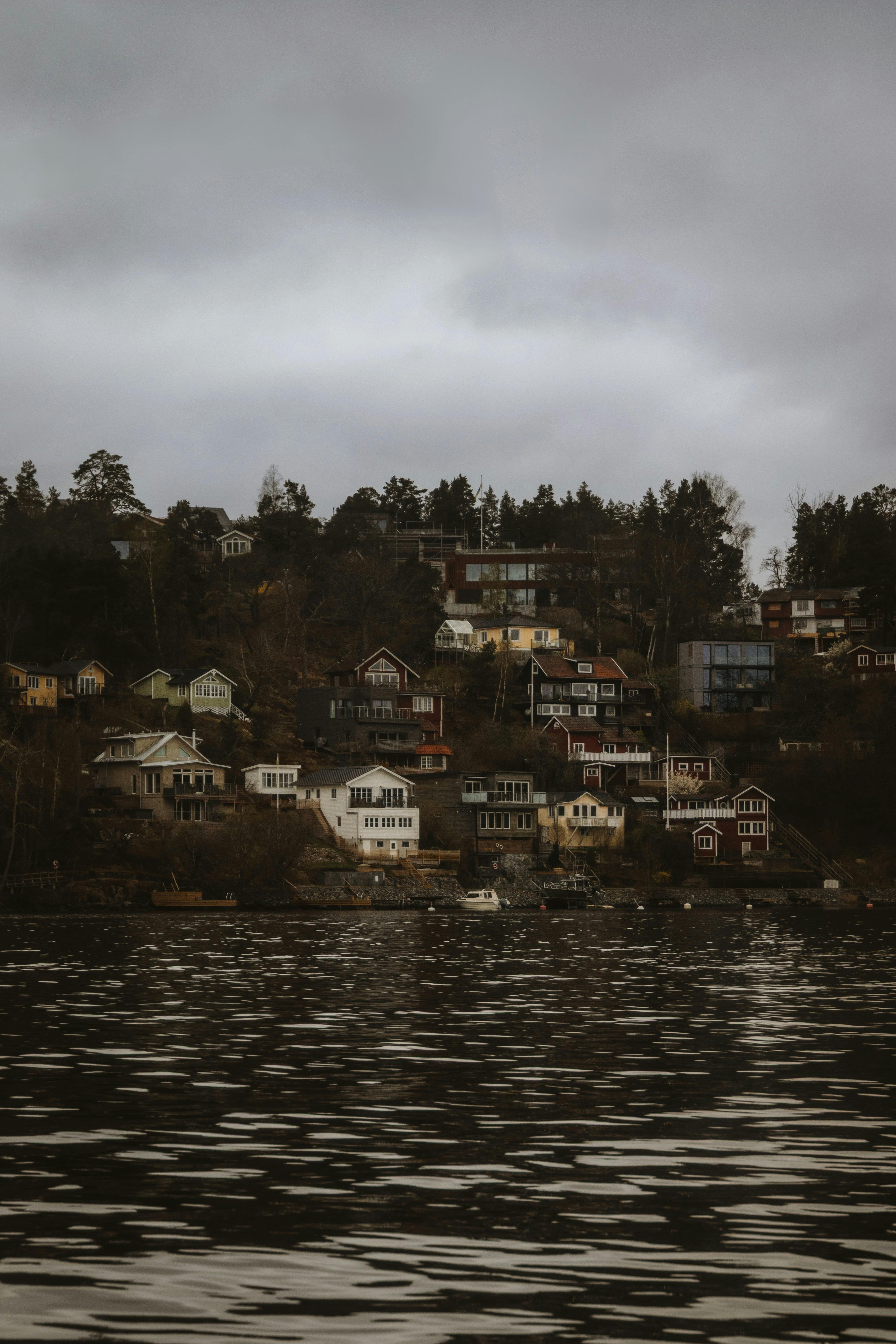 Charming waterfront houses nestled in Stockholm's serene winter landscape under a moody sky.