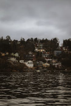 Charming waterfront houses nestled in Stockholm's serene winter landscape under a moody sky.