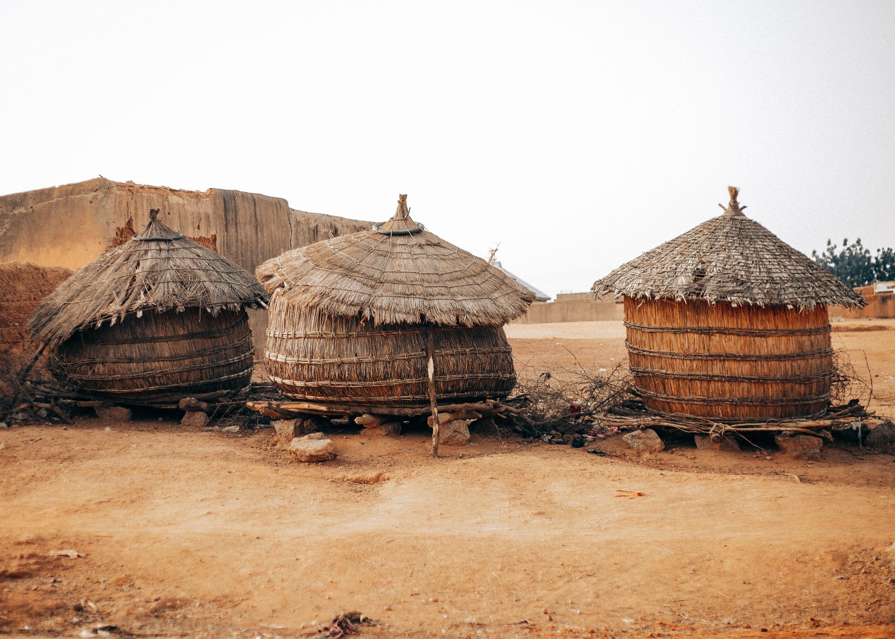 Three traditional thatched huts in an African village landscape. Rustic and cultural.