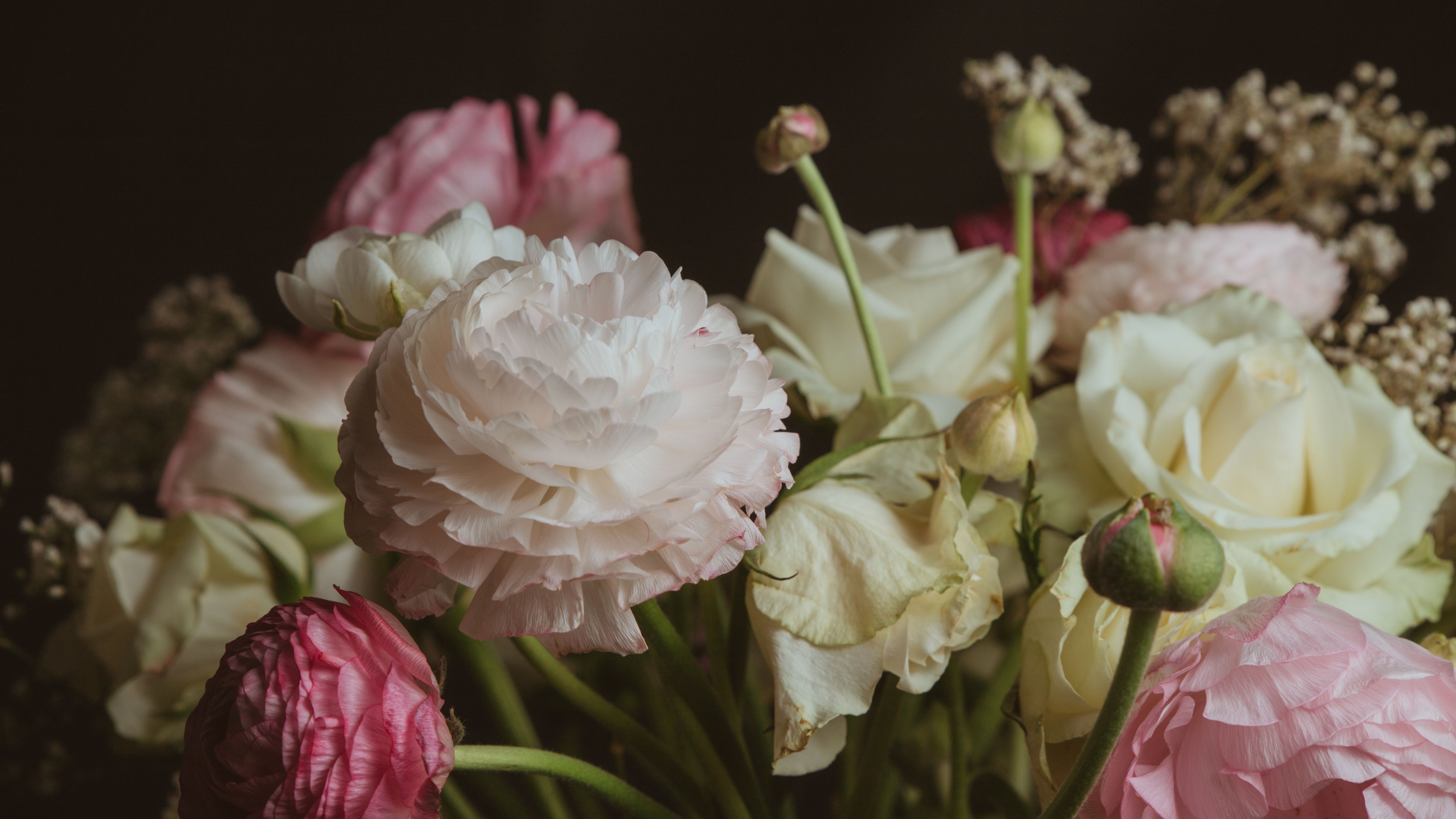 A stunning bouquet of pink and white roses and ranunculus with a dark background.