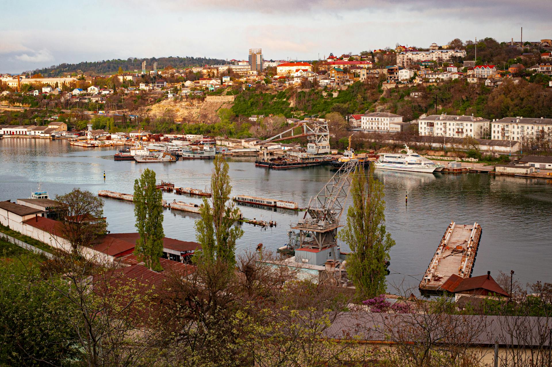 Serene waterfront scene with boats, lush greenery, and a vibrant urban skyline.