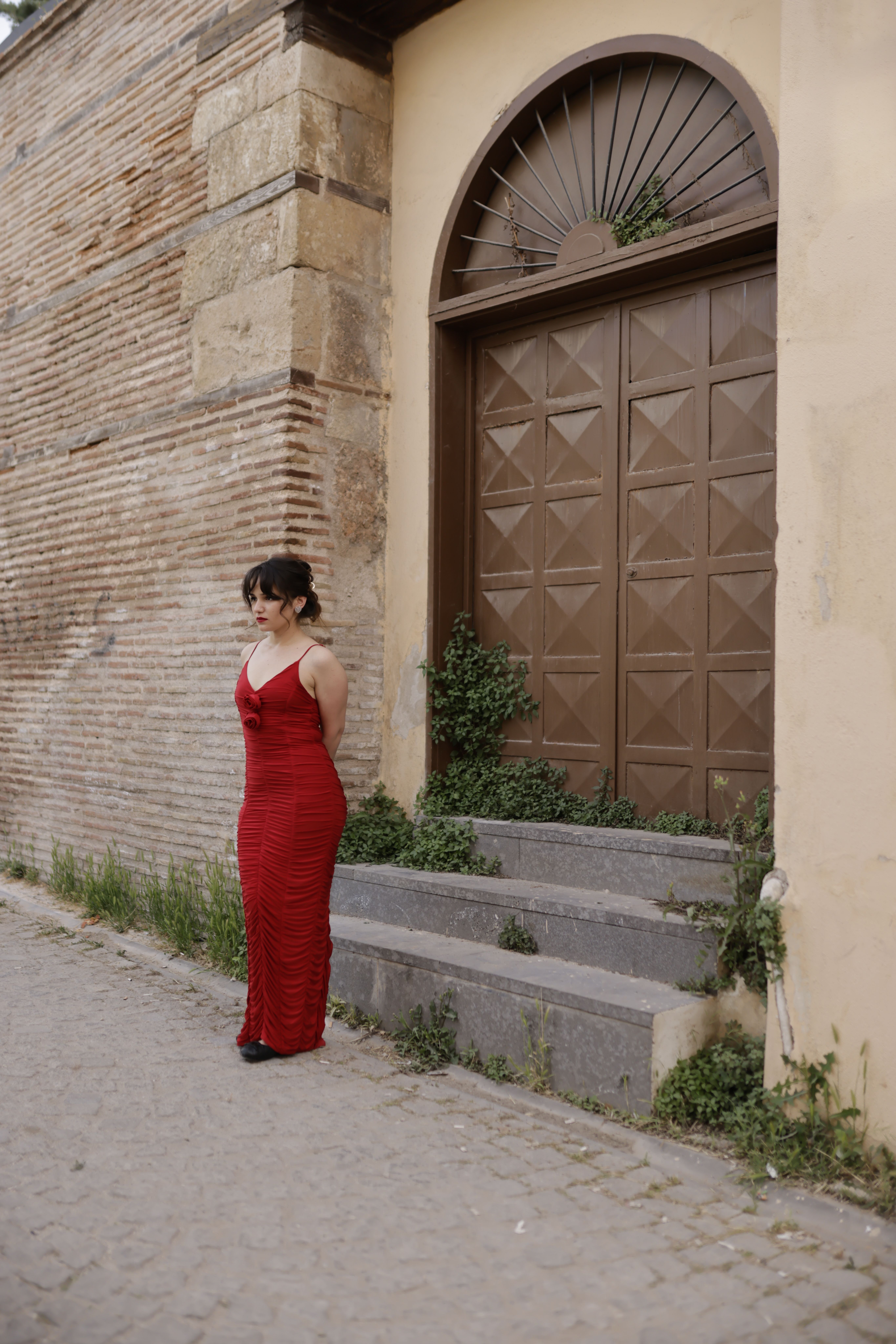 Elegant Woman in Red Dress by Rustic Wall · Free Stock Photo