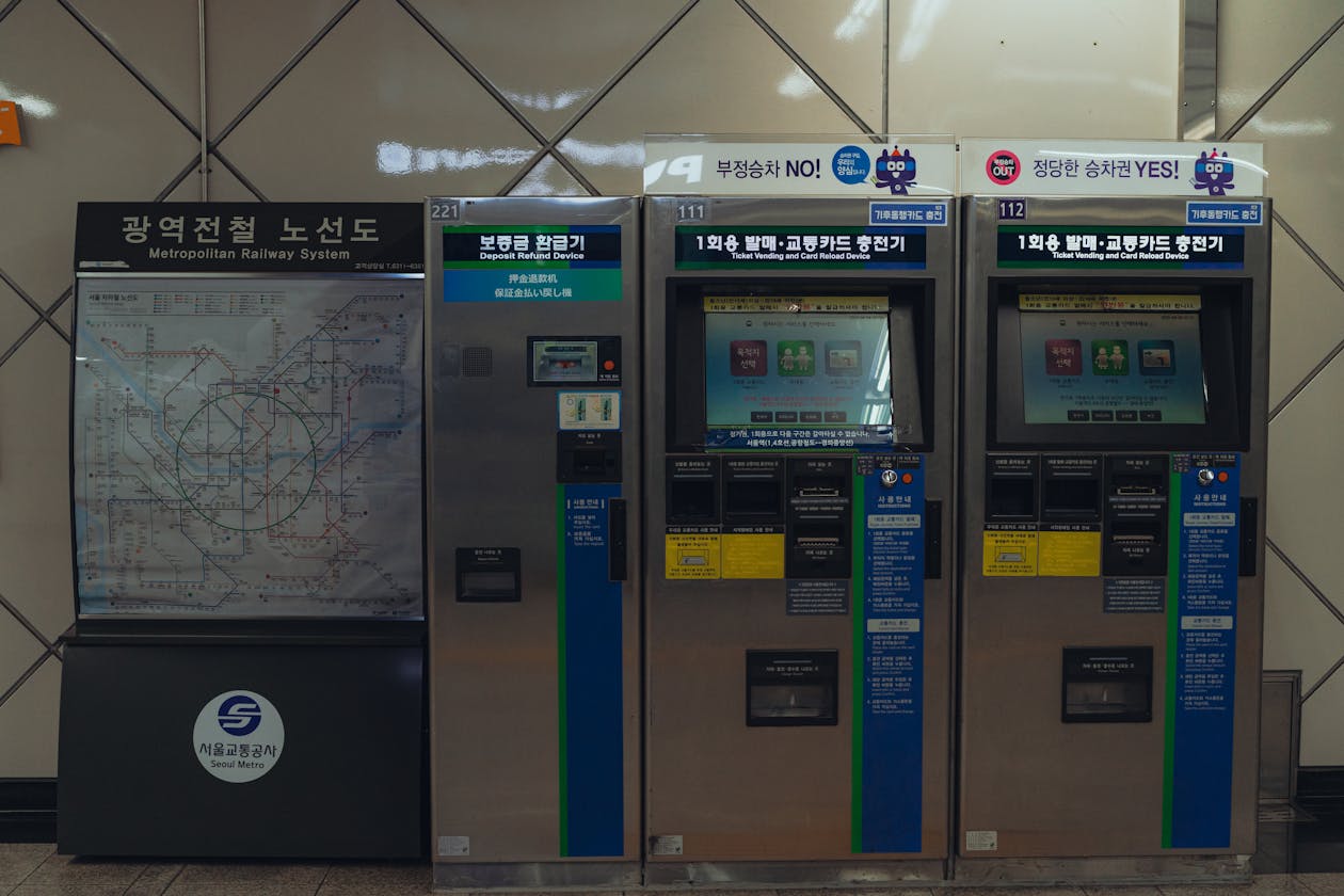 Ticket vending machines at a Seoul Metro station where transit cards can be purchased