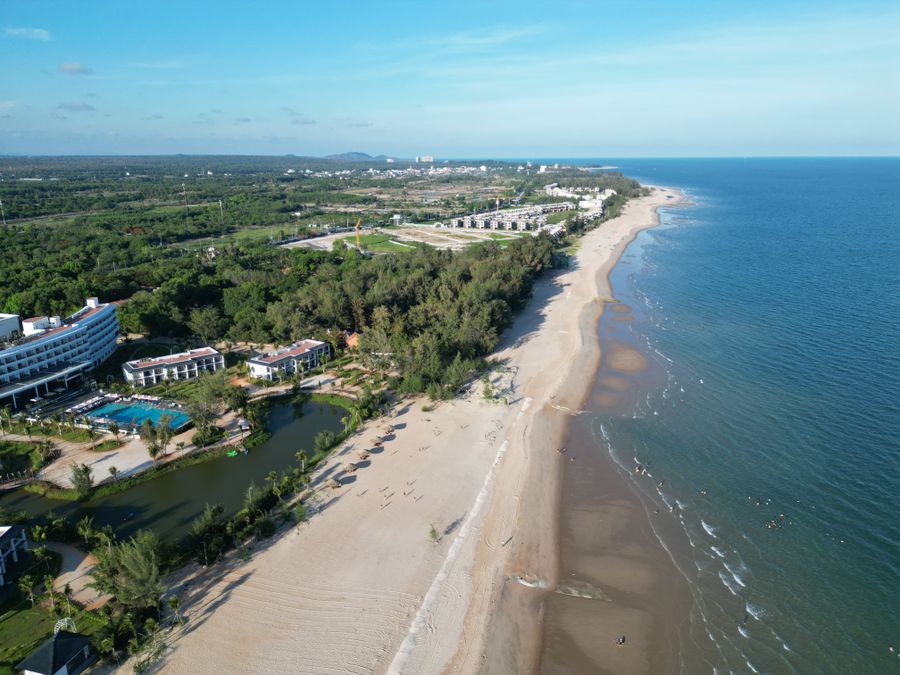 Aerial view of Ho Tram beach, coastline and resort area in Vietnam
