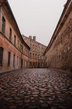 Explore a quaint cobblestone alley framed by vintage European architecture.
