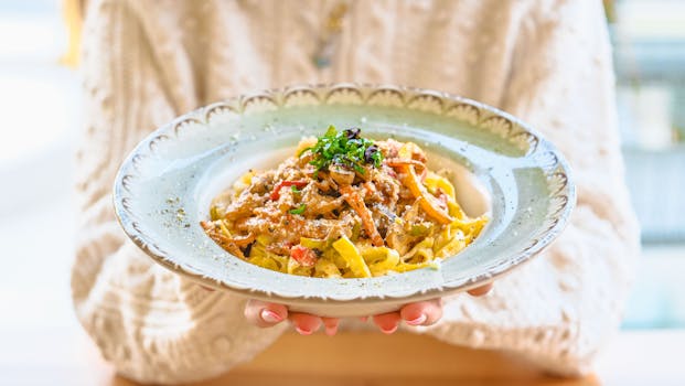 A close-up of a freshly served pasta dish garnished with herbs, set outdoors in Ankara, Türkiye.