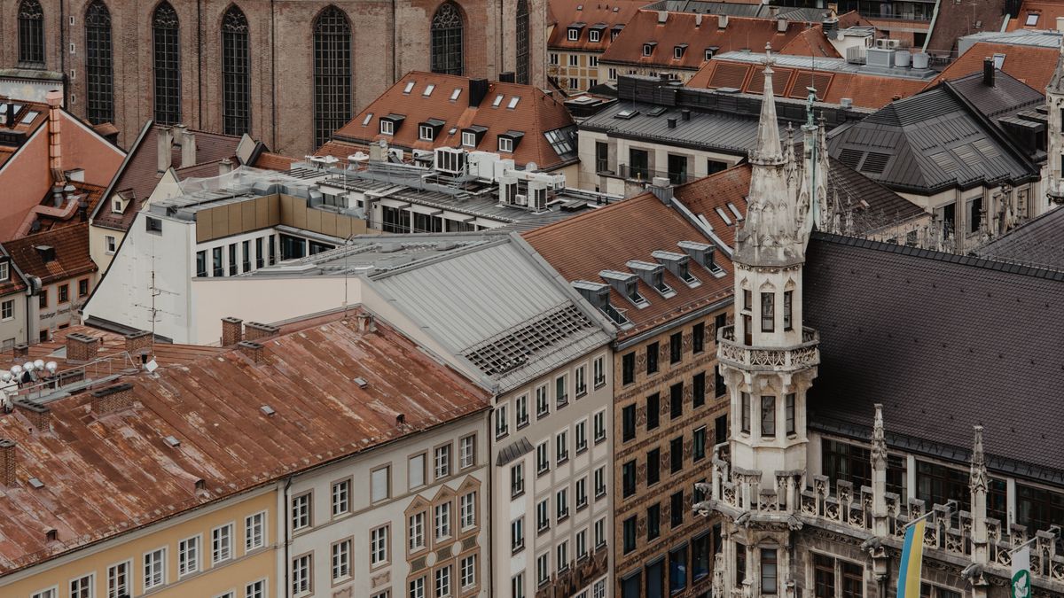 Aerial view of Munich old town showing Marienplatz and historic rooftops