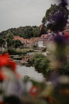 Scenic view of a quaint German village with lush greenery and a serene river.