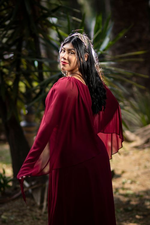 Free Elegant woman in a red dress poses outdoors, surrounded by lush greenery. Stock Photo