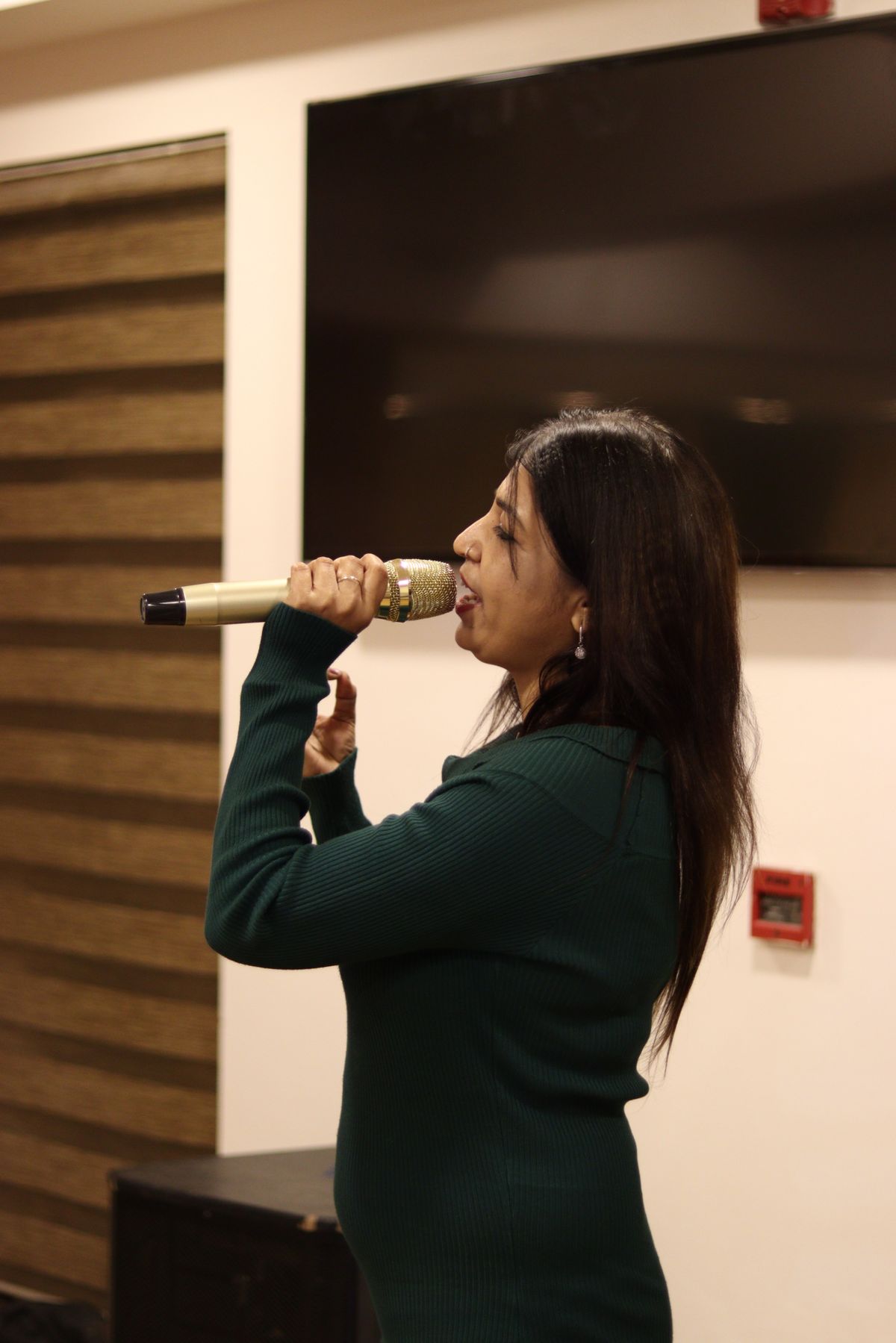 New Year's karaoke roulette with woman singing into microphone