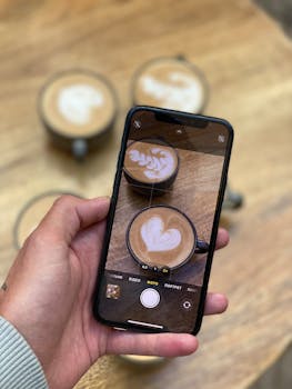 Hand capturing latte art in coffee cups using an iPhone, showcasing barista skills.