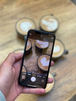 Capturing latte art in cups through a smartphone camera, perfect for coffee enthusiasts.