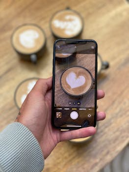 A person photographing latte art with an iPhone on a wooden table.